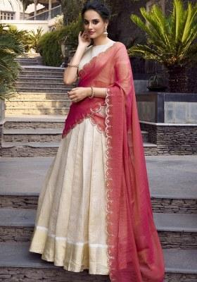 Off White Embroidered Jacquard Lehenga Set With Dupatta