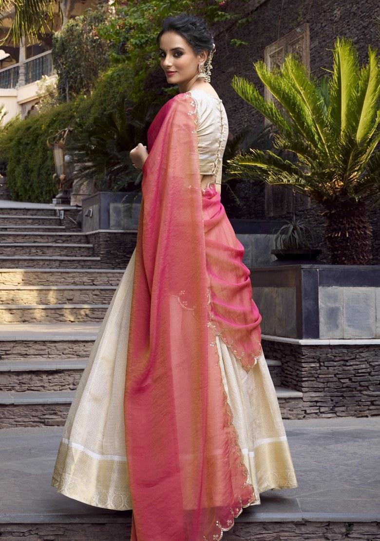 Off White Embroidered Jacquard Lehenga Set With Dupatta