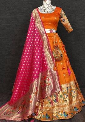 Orange Embroidered Jacquard Lehenga Set With Dupatta