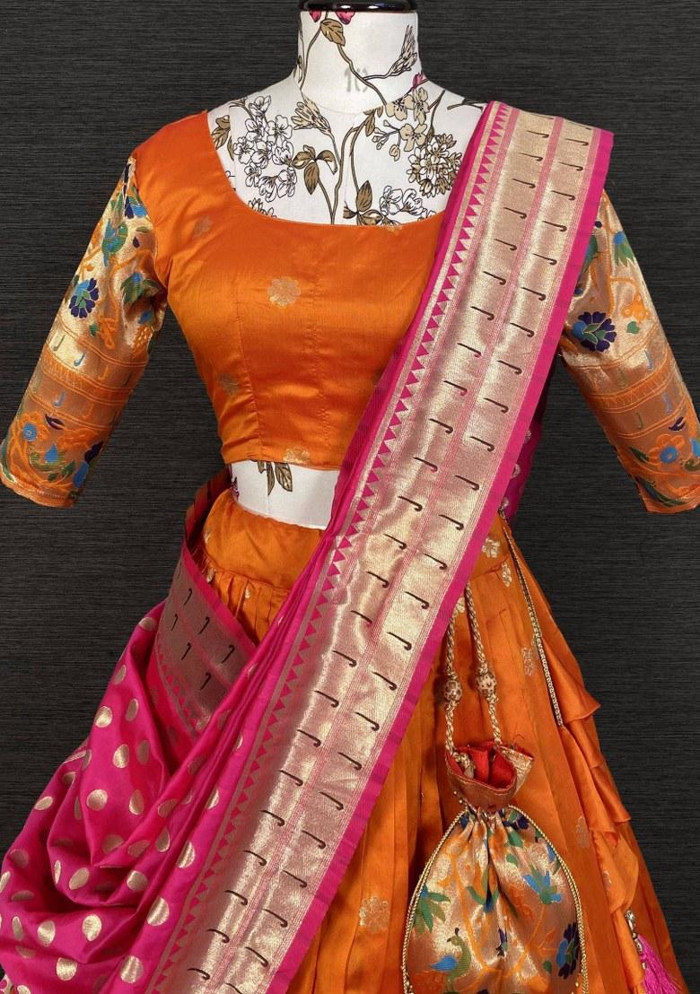 Orange Embroidered Jacquard Lehenga Set With Dupatta