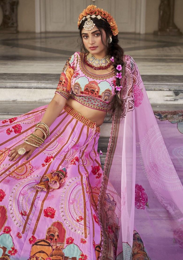 Pink Printed Art Silk Lehenga Set With Dupatta