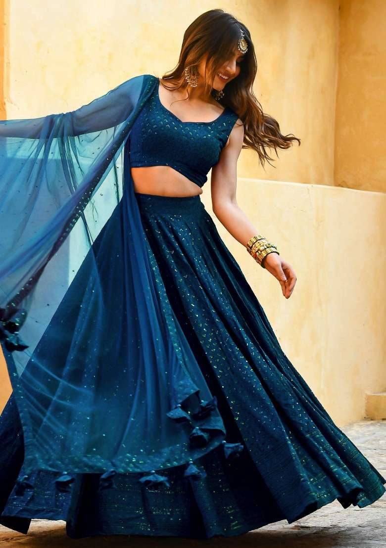 Blue With Dupatta Georgette Lehenga Set with Embroidered for Diwali | Wedding & Festive Wear - Indya