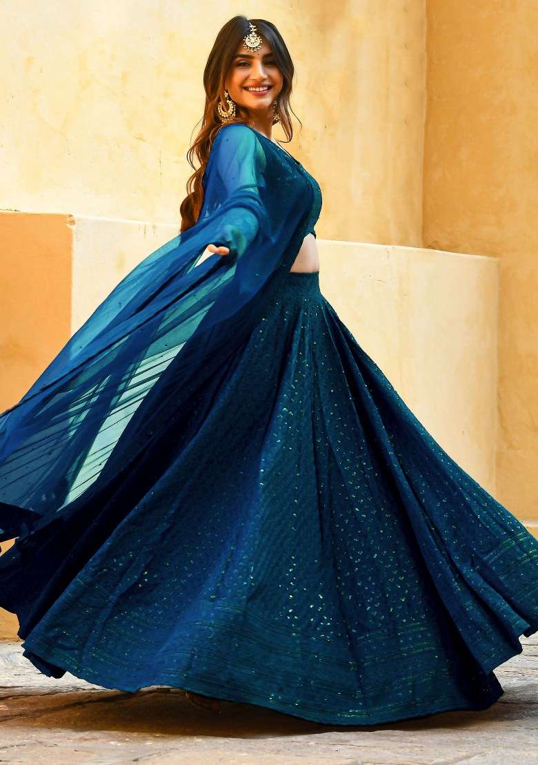 Blue With Dupatta Georgette Lehenga Set with Embroidered for Diwali | Wedding & Festive Wear - Indya