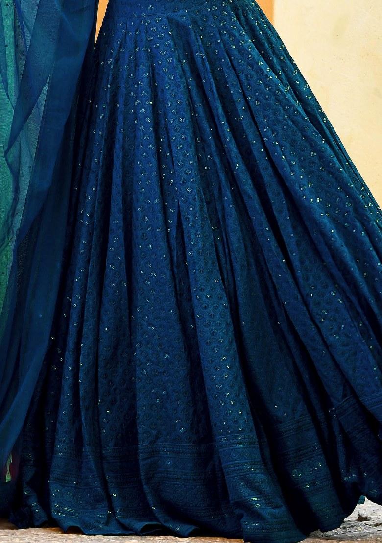 Blue Embroidered Georgette Lehenga Set With Dupatta