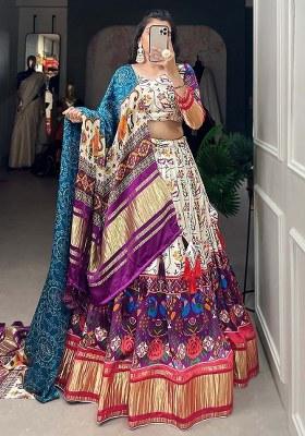 White Printed Silk Lehenga Set With Dupatta