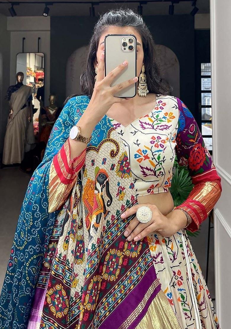 White Printed Silk Lehenga Set With Dupatta