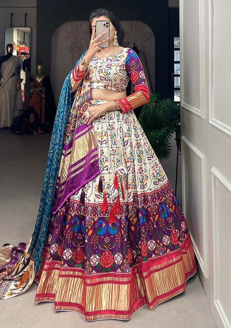 White Printed Silk Lehenga Set With Dupatta