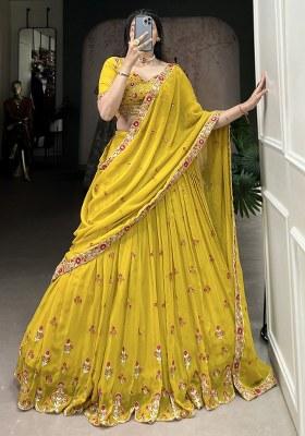 Yellow Embroidered Georgette Lehenga Set With Dupatta