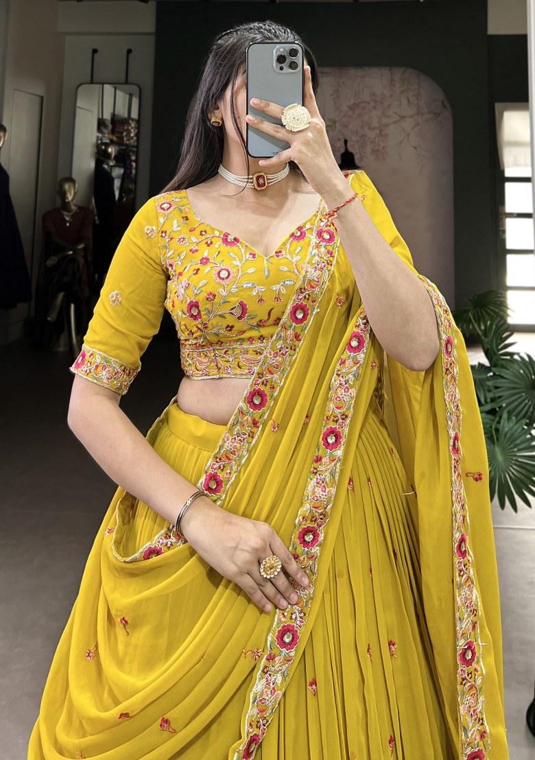 Yellow Embroidered Georgette Lehenga Set With Dupatta