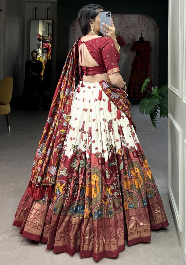 White Printed Silk Lehenga Set With Dupatta