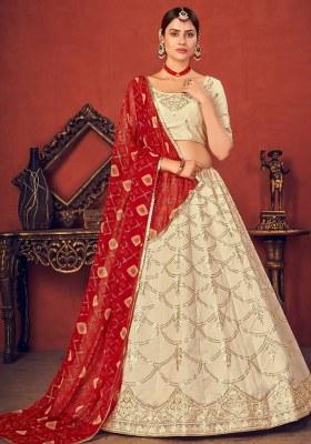 Beige Embroidered Art Silk Lehenga Set With Dupatta