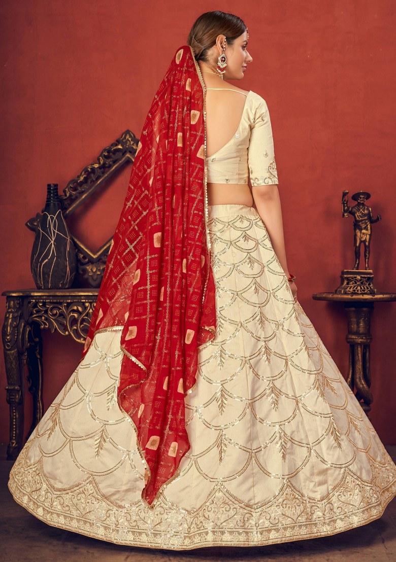 Beige Embroidered Art Silk Lehenga Set With Dupatta