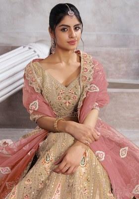 Beige Embroidered Silk Lehenga Set With Dupatta