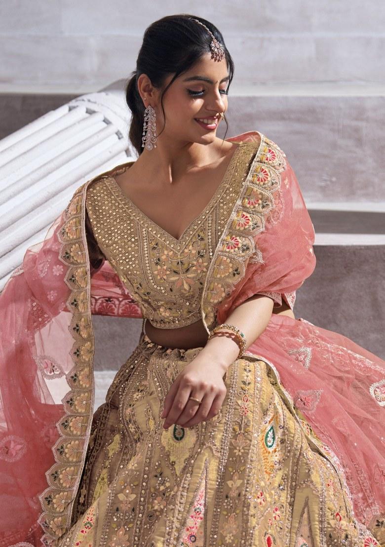Beige Embroidered Silk Lehenga Set With Dupatta