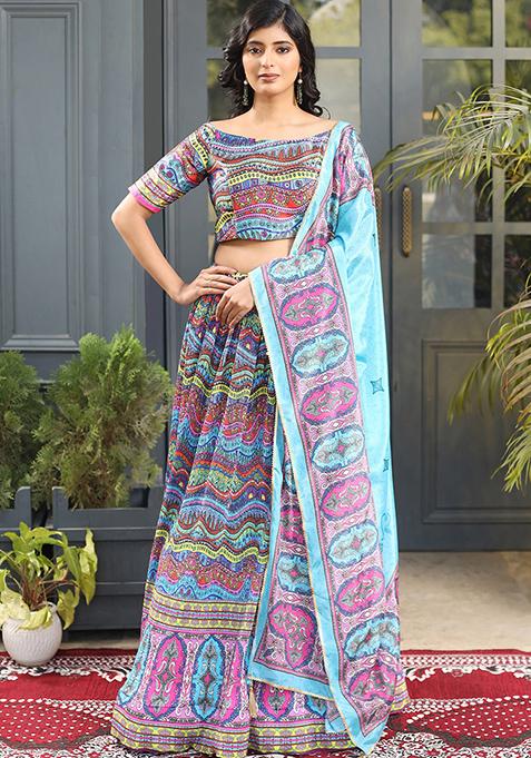 Multicolor Digital Print Satin Silk Lehenga Set