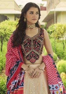 Beige Embroidered Georgette Lehenga Set With Dupatta