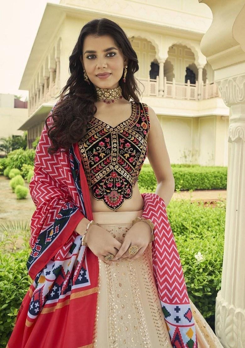 Beige Embroidered Georgette Lehenga Set With Dupatta