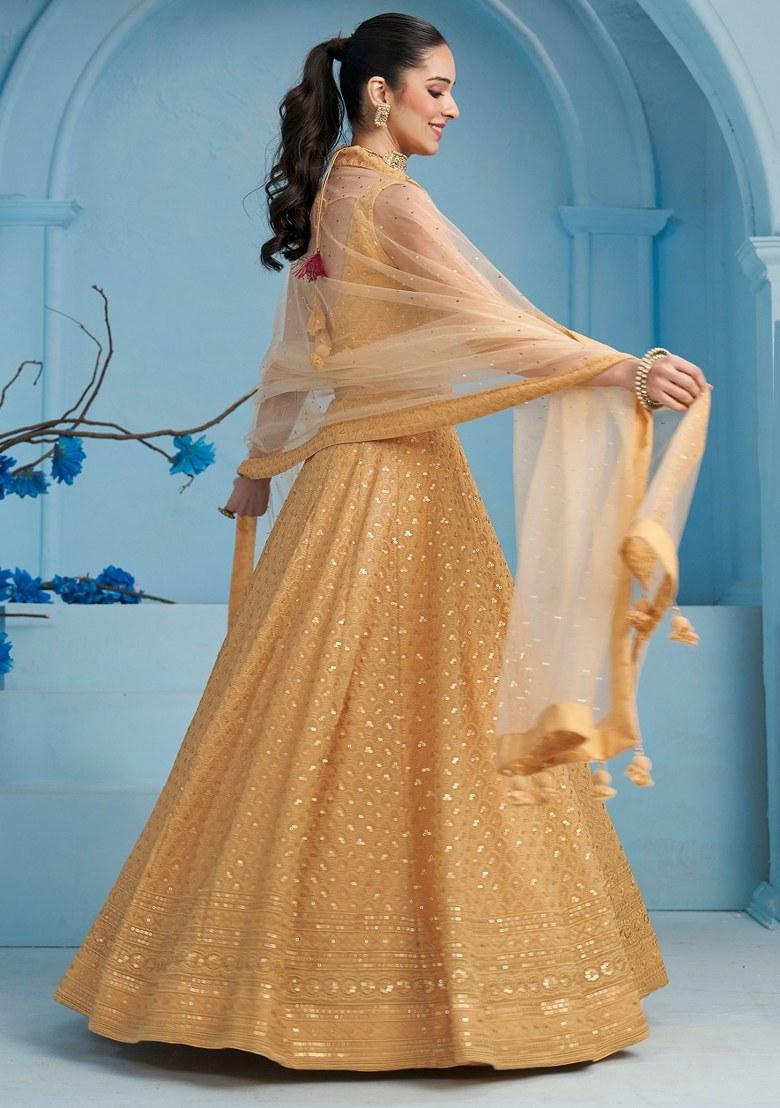 Beige Embroidered Georgette Lehenga Set With Dupatta