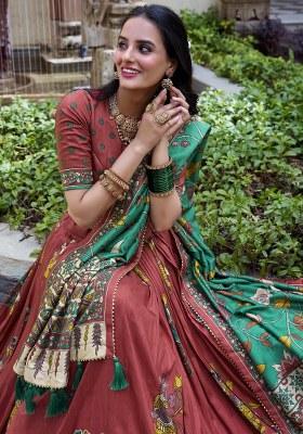 Red Printed Silk Lehenga Set With Dupatta