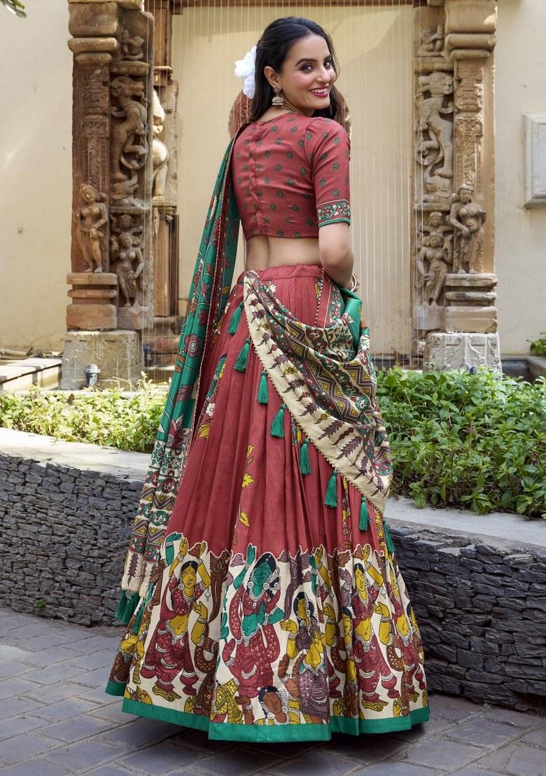 Red Printed Silk Lehenga Set With Dupatta