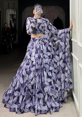 Navy Blue Printed Silk Lehenga Set With Dupatta