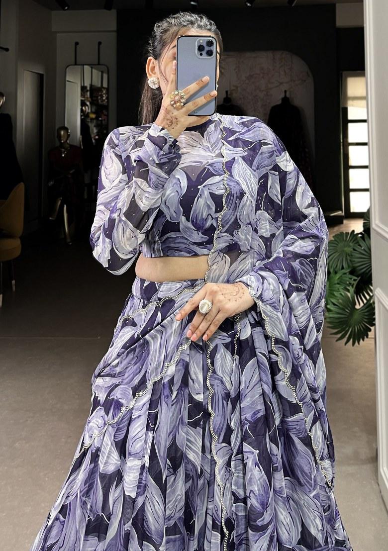 Navy Blue Printed Silk Lehenga Set With Dupatta