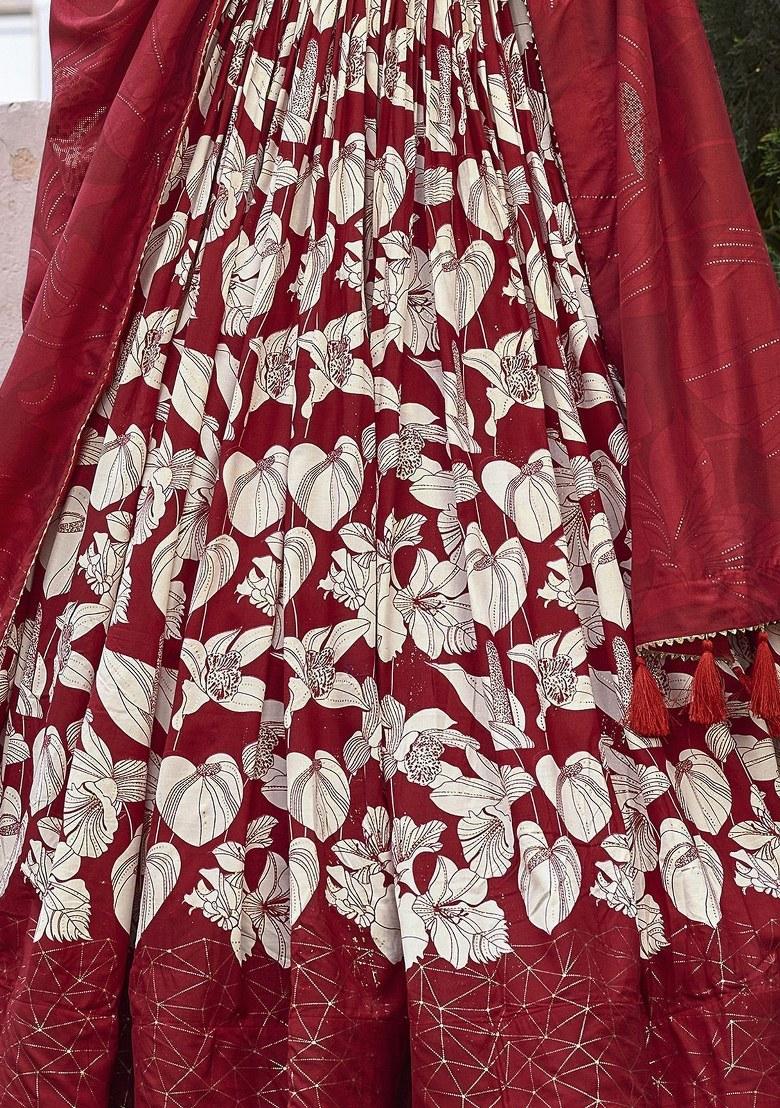Red Printed Silk Lehenga Set With Dupatta