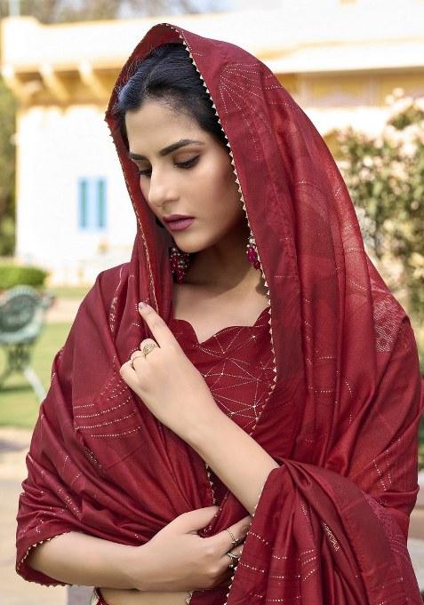 Red Printed Silk Lehenga Set With Dupatta — view on Indya