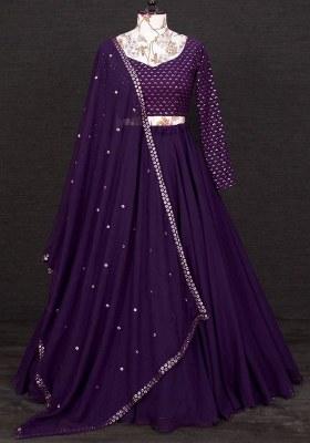 Purple Embroidered Georgette Lehenga Set With Dupatta