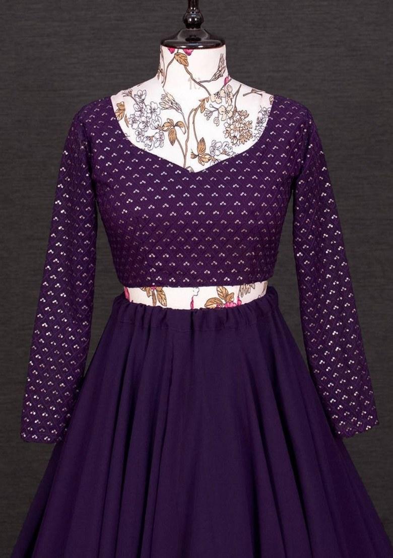 Purple Embroidered Georgette Lehenga Set With Dupatta