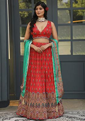 Red Digital Print Satin Silk Lehenga Set