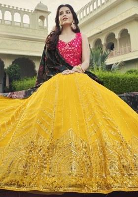 Yellow Embroidered Georgette Lehenga Set With Dupatta