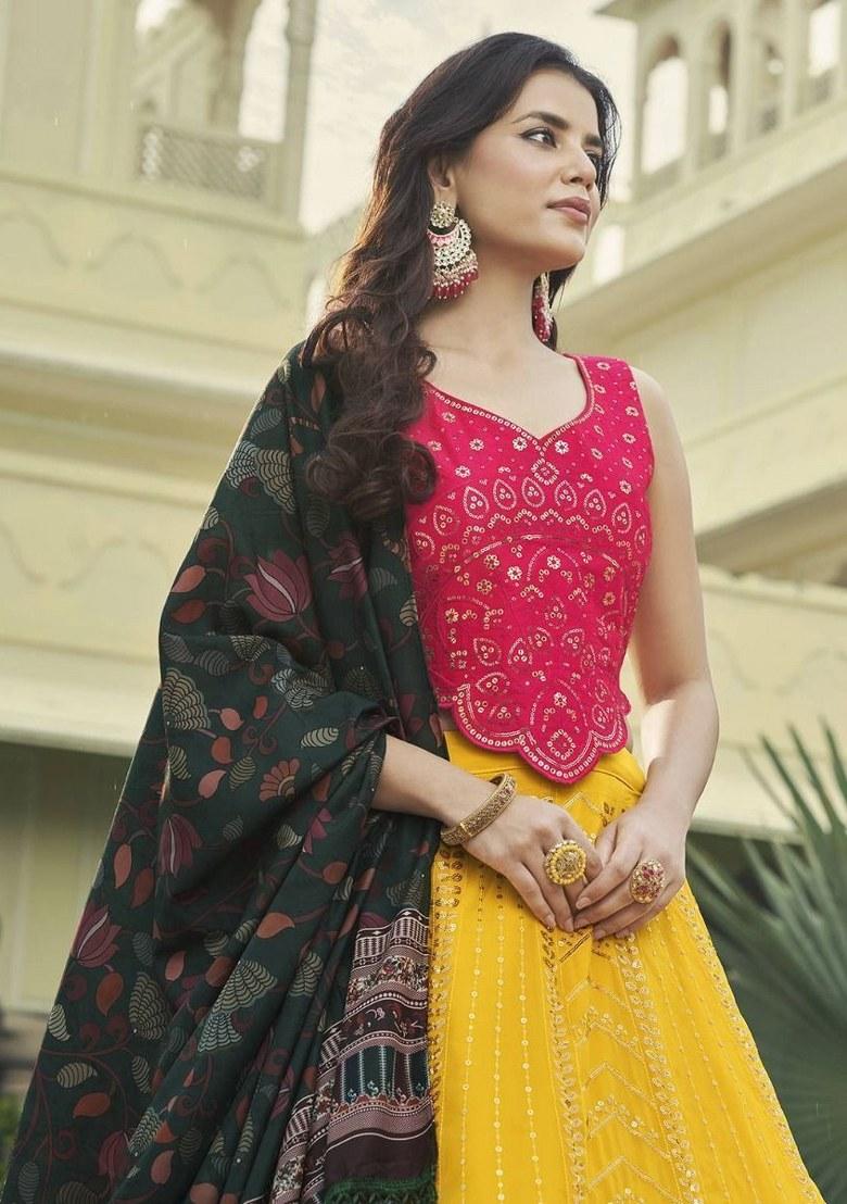 Yellow Embroidered Georgette Lehenga Set With Dupatta