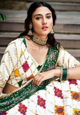 White Printed Silk Lehenga Set With Dupatta