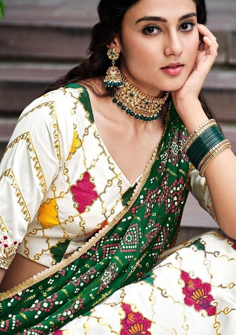 White Printed Silk Lehenga Set With Dupatta