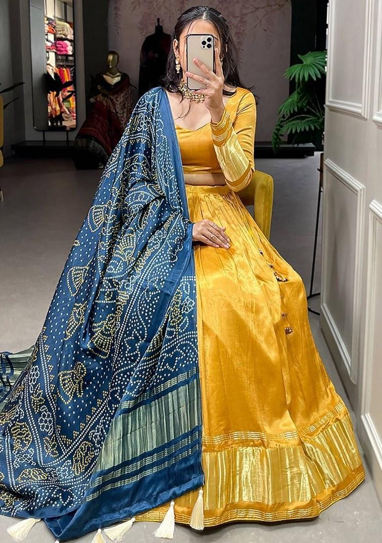 Yellow Printed Silk Lehenga Set With Dupatta
