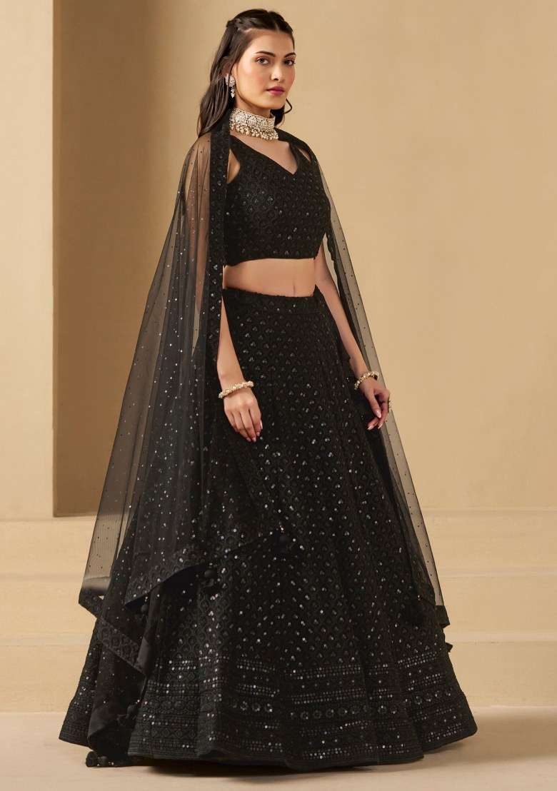 Black Embroidered Georgette Lehenga Set With Dupatta for Diwali and Festive Wear - Indya
