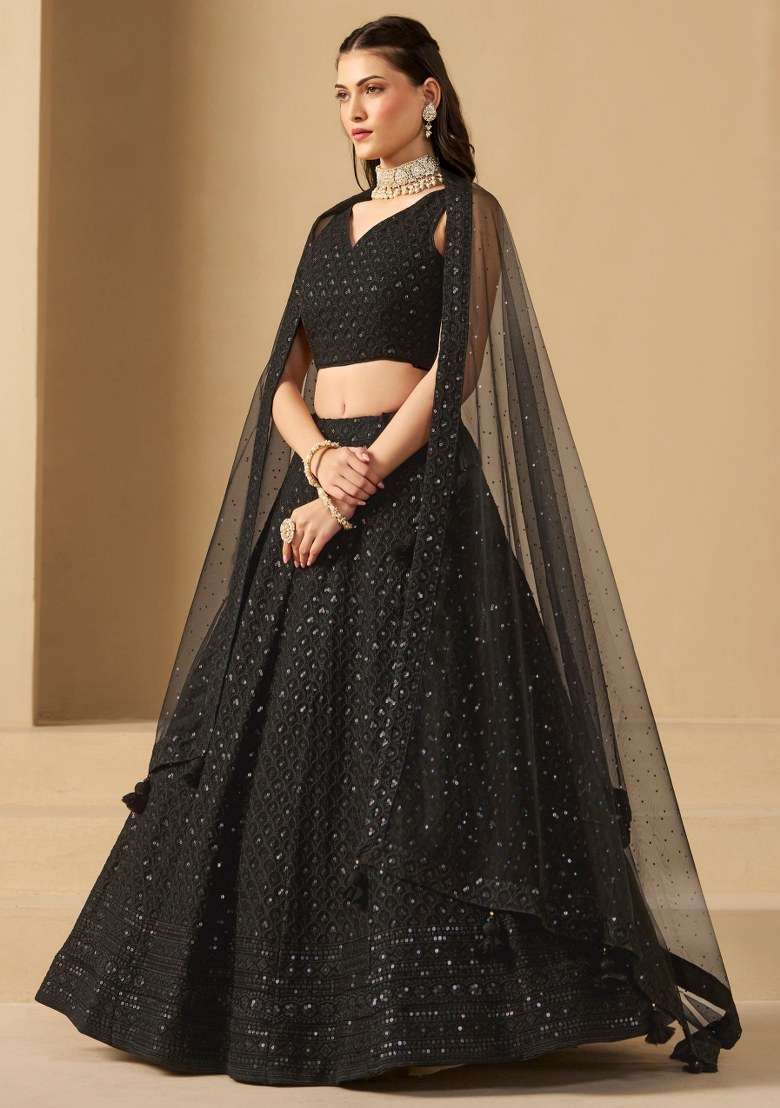 Black Embroidered Georgette Lehenga Set With Dupatta for Diwali and Festive Wear - Indya