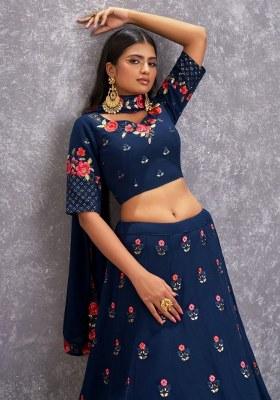Blue Embroidered Georgette Lehenga Set With Dupatta