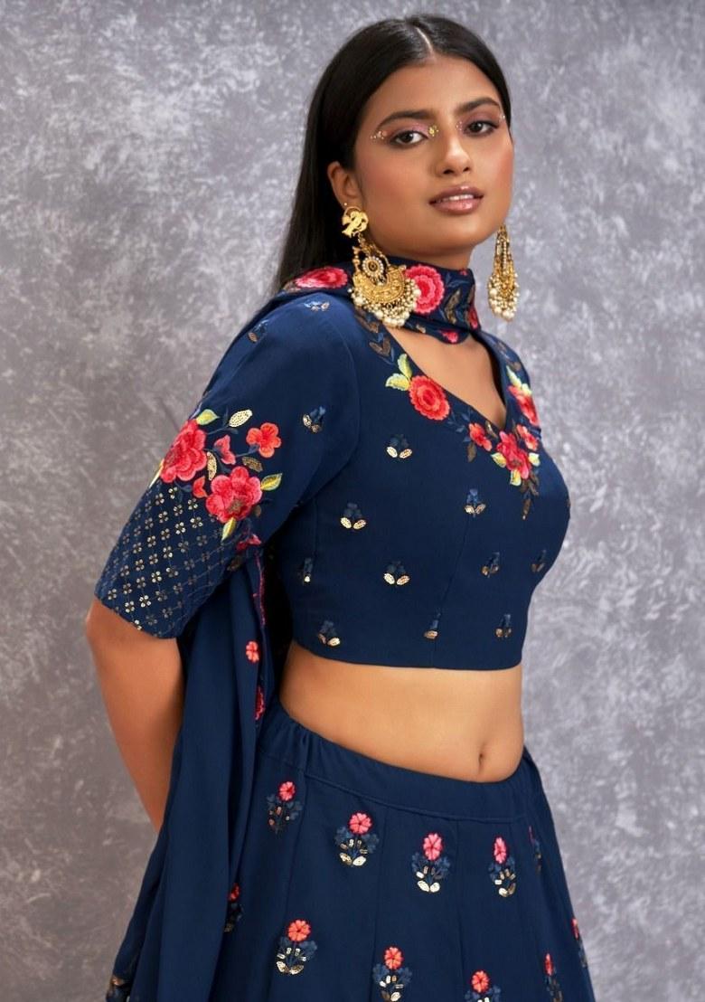 Blue Embroidered Georgette Lehenga Set With Dupatta