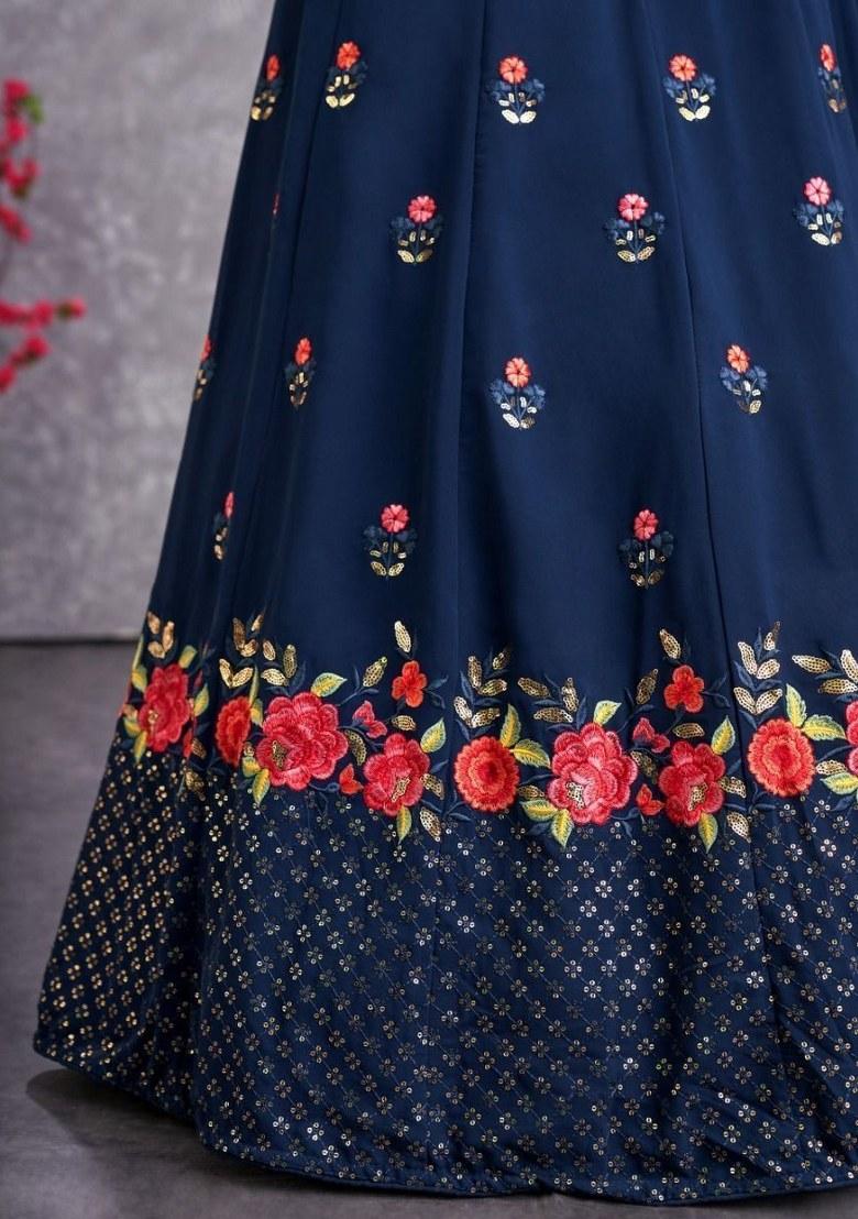 Blue Embroidered Georgette Lehenga Set With Dupatta