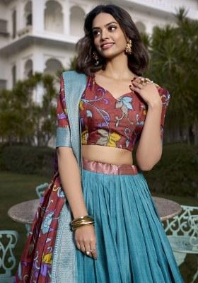 Blue Printed Silk Lehenga Set With Dupatta