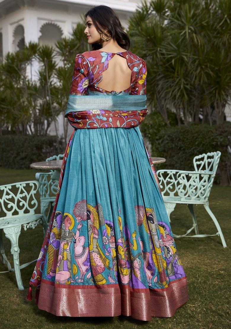 Blue Printed Silk Lehenga Set With Dupatta