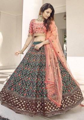 Green Embroidered Art Silk Lehenga Set With Dupatta