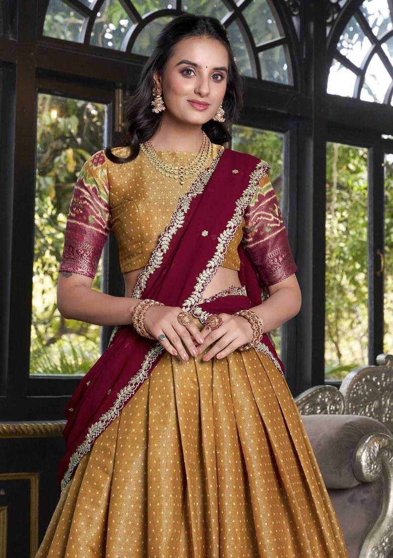 Yellow Printed Silk Lehenga Set With Dupatta