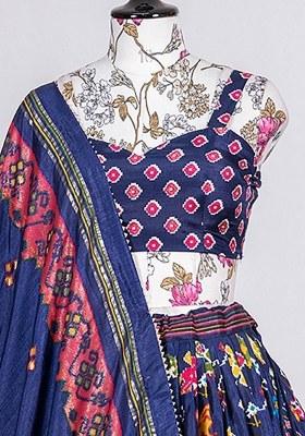 Blue Embroidered Silk Lehenga Set With Dupatta