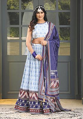 Blue Digital Print Satin Silk Lehenga Set