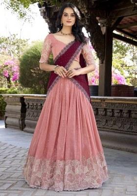 Peach Embroidered Organza Lehenga Set With Dupatta