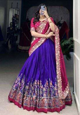 Purple Printed Silk Lehenga Set With Dupatta
