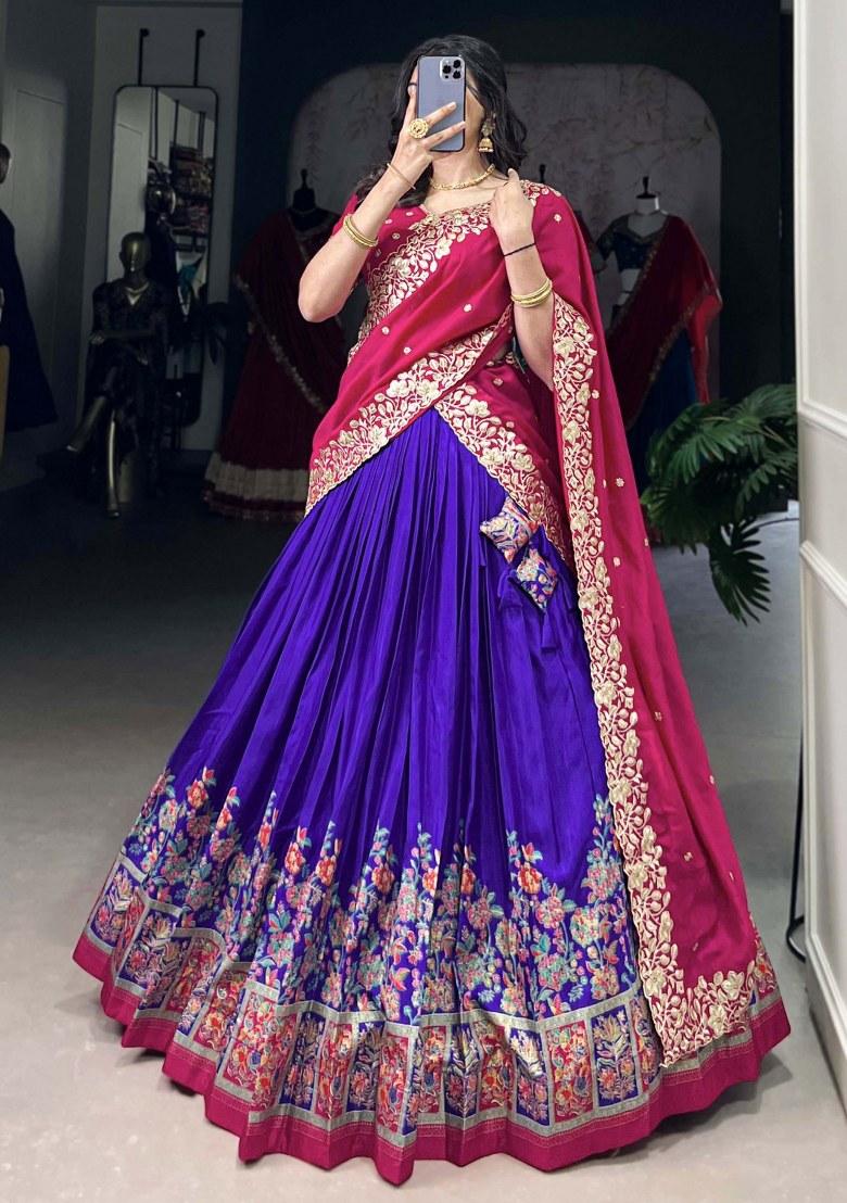 Purple Printed Silk Lehenga Set With Dupatta